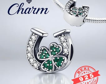 Sterling Silver Charm, Four Leaf Clover Charms for Pandora Charm Bracelets, Lucky Charms, Green Zircon