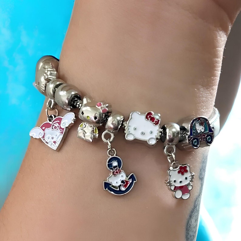 Hello Kitty Bracelet | Kawaii Silver Charm Bracelet | Heart Anchor and Carriage Charms | Aesthetic Girly Jewelry | Sanrio Fan Gift, hello kitty pandora charms