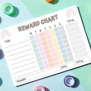 May include: A printable reward chart with a rainbow design. The chart has spaces for a task, reward, and daily checkmarks. It also includes a total section for tracking progress.