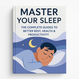 Op de afbeelding: Een boekomslag met de titel "MASTER YOUR SLEEP" in grote, donkerblauwe letters. De omslag toont een illustratie van een vredig slapende persoon onder een halve maan en sterren, met de tekst "THE COMPLETE GUIDES TO BETTER REST, HEALTH & PRODUCTIVITY".