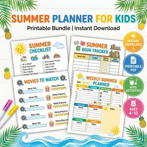 Peut inclure: Un ensemble de planificateurs d'été imprimables pour enfants comprenant quatre pages : une liste de contrôle, un suivi de lecture, une liste de films et un planning hebdomadaire. Les pages présentent des illustrations colorées de soleils et d'ananas.