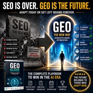 May include: A digital marketing graphic titled SEO IS OVER. GEO IS THE FUTURE. It features a stone monument labeled SEO THE OLD WAY with red X marks next to outdated tactics. A glowing portal labeled GEO THE NEW WAY shows a person walking into a city.