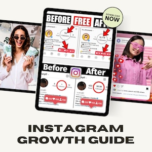Peut inclure: Publicité pour un guide de croissance Instagram. L'image montre une tablette avec des chiffres de followers avant et après, avec des images de personnes et d'argent. Le texte comprend "BEFORE FREE AFTER" et "DOWNLOAD NOW."