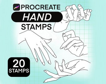 Peut inclure: Un ensemble de 20 tampons de main pour Procreate, présentant diverses poses de main dans un style de dessin au trait. Les tampons sont conçus pour les artistes et illustrateurs numériques.