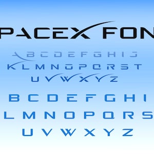 Puede incluir: Una fuente de alfabeto negra y azul con la palabra "SpaceX Font" en la parte superior. La fuente es futurista y audaz.