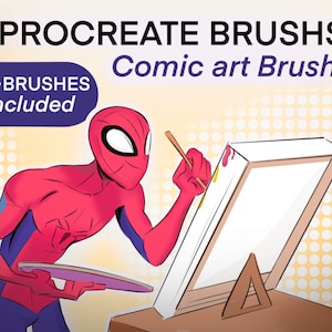 Puede incluir: Un personaje de superhéroe rojo y azul, con una máscara, pinta en un caballete de lienzo blanco. El texto "PROCREATE BRUSHSET Comic art Brushset 25+ BRUSHES Included" se muestra en la parte superior de la imagen.