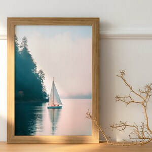 Vintage Sailboat Artwork | Classic Sailboat Wall Decor | Nautical Digital Print | Soft Seascape Print | Retro Ship Artwork | Foggy Sailboat