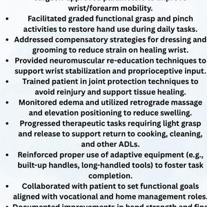 Può includere: Sfondo bianco con il testo "Distal Radius Fracture - Skilled OT Phrase Bank" e punti elenco che descrivono le tecniche di terapia occupazionale per il recupero delle fratture. Include illustrazioni floreali.