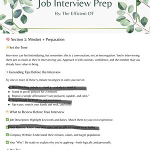 Op de afbeelding: Een wit document getiteld "Job Interview Prep" met groene accenten en botanische illustraties. De tekst bevat tips over mindset, voorbereiding en wat te herzien voor een sollicitatiegesprek. Het document is van "The Efficient OT."