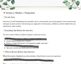 May include: A white document titled "Job Interview Prep" with green accents and botanical illustrations. The text includes tips on mindset, preparation, and what to review before an interview. The document is by "The Efficient OT."