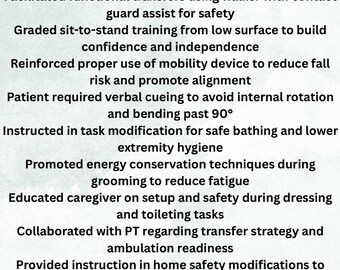 May include: A white background with the text "Hip Replacement - Skilled OT Phrase Bank" and a list of phrases related to hip replacement care, including patient education and safety strategies. Green floral accents are in the lower left corner.