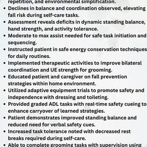 May include: A white and green document titled "Geriatrics - Skilled OT Phrase Bank" with a list of bullet points detailing patient care and therapy techniques.