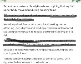 May include: A white document titled "Parkinson's Disease - Skilled OT Phrase Bank" with text describing patient care strategies. The document has decorative green leaves and a pink brain graphic.