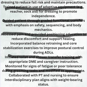 May include: A white document titled "Pelvic Fracture - Skilled OT Phrase Bank" with bullet points detailing patient care instructions, including mobility techniques, fall risk reduction, and adaptive equipment use. Green floral accents are at the bottom.