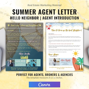 Carta de agente inmobiliario de verano en diseño Canva, plantilla digital de "Hola vecino", folleto de marketing para compra y venta de viviendas, material para agentes inmobiliarios.