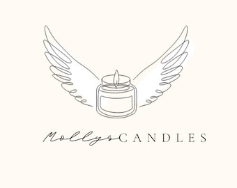 以下が含まれることがあります： 翼のあるろうそくの線画で、下に「Molly's Candles」というテキストがあります。
