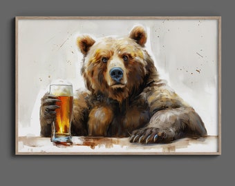 Bär mit Bier, Digitaler Download, digitale Kunst, herunterladbare Kunst, Wanddekoration, DRUCKBARE Wandkunst