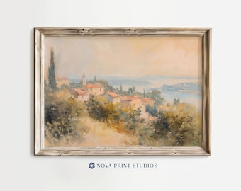 Mediterranean Seaside Village | Tranquil Coastal Landscape Printable Wall Art | Warm Tuscan Sunrise | Printable Vintage Art Digital Download