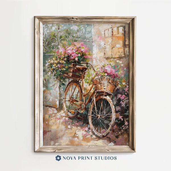 Blossom Laden Bicycle | Vintage Bike Floral Printable Wall Art | Rustic Garden Spring Flowers Decor | Printable Art Digital Download