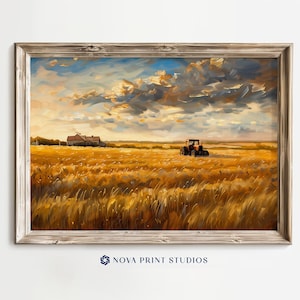 May include: A painting of a golden field with a red tractor in the distance. The sky is blue with white clouds. A farmhouse is visible in the background.