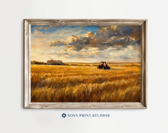麦畑の絵画、黄金の収穫の壁アート、田園風景のプリント、農家の装飾