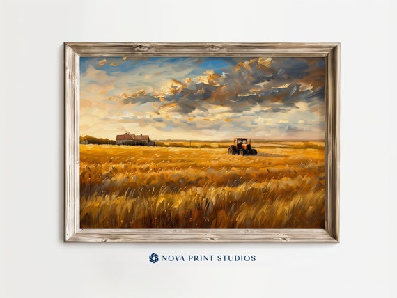 Golden Wheat Fields | Rural Landscape Printable Wall Art | Farmhouse Sunset | Countryside Decor | Printable Vintage Art Digital Download