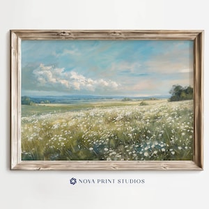 Sunlit Wildflower Field | Spring Countryside Landscape Printable Wall Art | Peaceful Meadow Decor | Printable Vintage Art Digital Download
