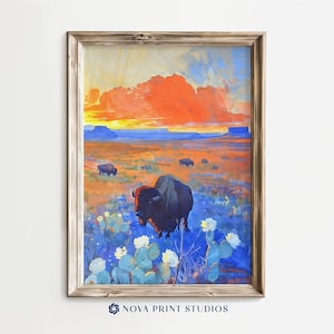 May include: A framed painting of a sunset landscape with a herd of bison grazing in a field of blue flowers. The sky is a vibrant orange and red, with a single large cloud.