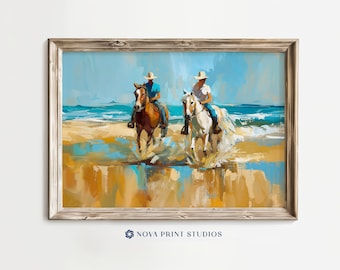 Coastal Gallop | Vibrant Beach Horseback Riding Printable Wall Art | Equestrian Riders Seascape Print | Printable Art Digital Download