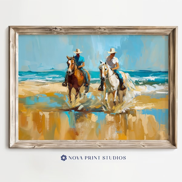 Coastal Gallop | Vibrant Beach Horseback Riding Printable Wall Art | Equestrian Riders Seascape Print | Printable Art Digital Download