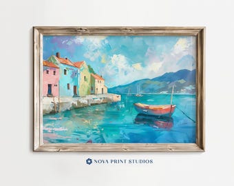 Mediterranean Harbor | Coastal Village Printable Wall Art | Colorful Seaside Waterfront | Printable Vintage Art Digital Download