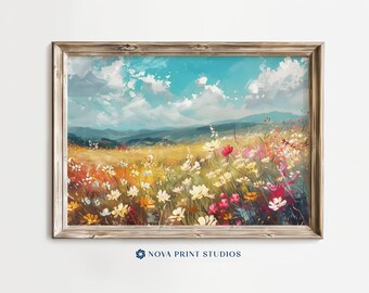 Wildflower Meadow Vista | Colorful Flower Landscape Printable Wall Art | Mountain Floral Decor | Printable Vintage Art Digital Download