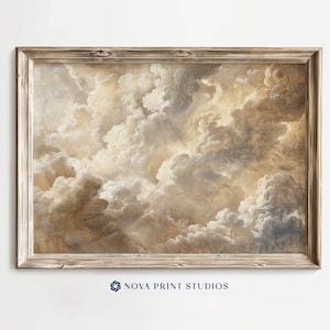 Könnte beinhalten: Ein gerahmter Druck eines Gemäldes, das einen bewölkten Himmel in Braun-, Beige- und Weißtönen darstellt. Die Wolken sind dicht und geschichtet und erzeugen einen dramatischen und strukturierten Effekt.