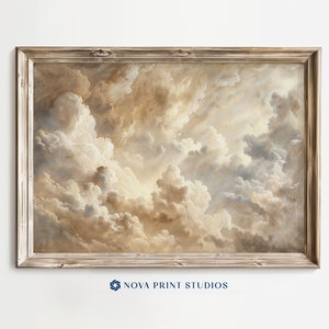 Könnte beinhalten: Ein gerahmtes Gemälde eines bewölkten Himmels in Braun-, Weiß- und Grautönen. Die Wolken sind flauschig und scheinen sich über den Himmel zu bewegen. Der Rahmen ist ein einfacher, rustikaler Holzrahmen.