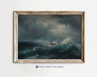 May include: A framed painting of a ship sailing through a stormy sea. The sky is dark and cloudy, and the waves are crashing around the ship. The painting is in a rustic wooden frame.