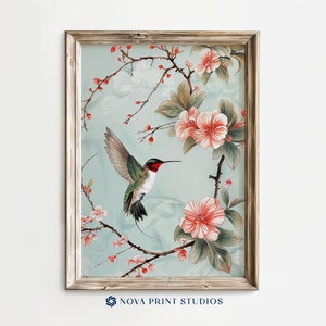 Elegant Hummingbird | Vintage Floral Printable Wall Art | Bird and Spring Flower Blossom Decor | Printable Vintage Art Digital Download