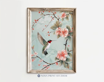 Elegant Hummingbird | Vintage Floral Printable Wall Art | Bird and Spring Flower Blossom Decor | Printable Vintage Art Digital Download
