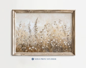 May include: A framed painting depicting a field of wildflowers in shades of brown and white. The painting has a soft, dreamy feel and is ideal for adding a touch of nature to any room.