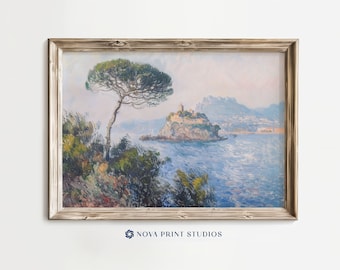 Mediterranean Seaside View | Coastal Landscape Printable Wall Art | Tranquil Sea & Tree Wall Decor | Printable Vintage Art Digital Download