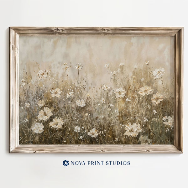 Golden Cosmea Blossoms | Neutral Botanical Printable Wall Art | Beige Floral Decor | Printable Vintage Art Digital Download
