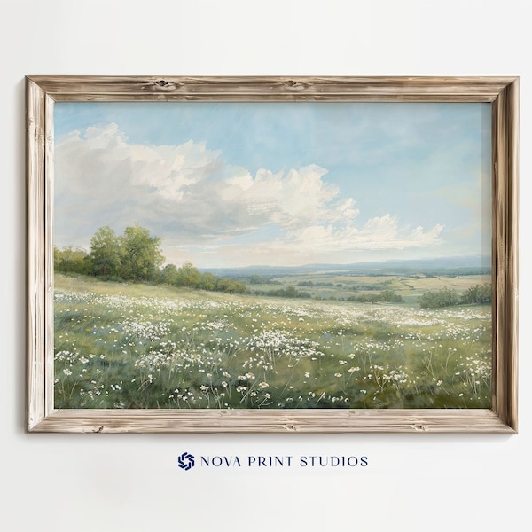 Breezy Hilltop Wildflowers | Spring Landscape Printable Wall Art | Panoramic Meadow Decor | Printable Vintage Art Digital Download