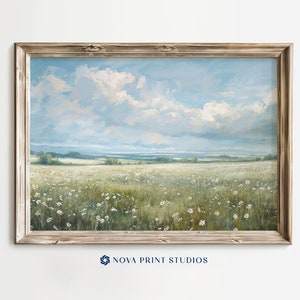 May include: A framed landscape painting depicts a field of white wildflowers under a cloudy blue sky. The artwork has a rustic wooden frame and the text "NOVA PRINT STUDIOS" is visible at the bottom.