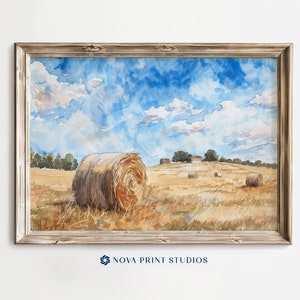 Hay Bale Landscape | Watercolor Countryside Printable Wall Art | Rustic Farm Decor | Printable Vintage Art Digital Download
