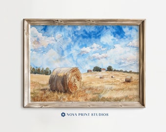 Hay Bale Landscape | Watercolor Countryside Printable Wall Art | Rustic Farm Decor | Printable Vintage Art Digital Download
