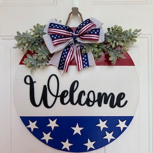 Decoración de puerta de entrada del 4 de julio, letrero de bienvenida, colgador de puerta del 4 de julio, corona de puerta de entrada del 4 de julio, decoración del 4 de julio, letrero de puerta