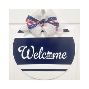 Birch Wood Welcome Sign: Patriotic Door Hanger, Home Decor