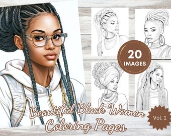 20 Porträts von schwarzen Frauen, Graustufen Malbuch für Erwachsene, Kinder, sofortiger Download Malseite druckbare Kunst PDF, Premium Seiten