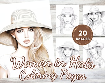 May include: A set of 20 coloring pages featuring women wearing different styles of hats. The images are black and white line drawings. "Women in Hats Coloring Pages" is written in brown text at the bottom of the image.