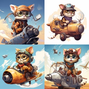 Diseño de camiseta gato piloto JPG 4 modelos