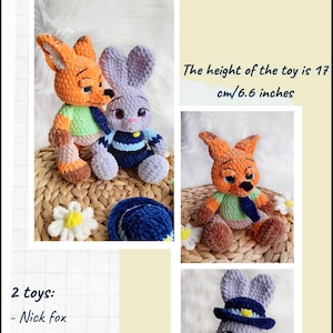 Pode incluir: Padrão de crochê com dois brinquedos de pelúcia: uma raposa e um coelho, inspirados em "Nick e Judy". Os brinquedos têm aproximadamente 17 cm de altura. A raposa é laranja e o coelho é roxo. A imagem inclui o texto "Nick e Judy".